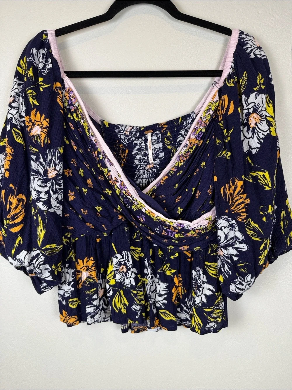 Free People Mirabella Floral Faux Wrap Smocked Top Navy Blue Large EUC